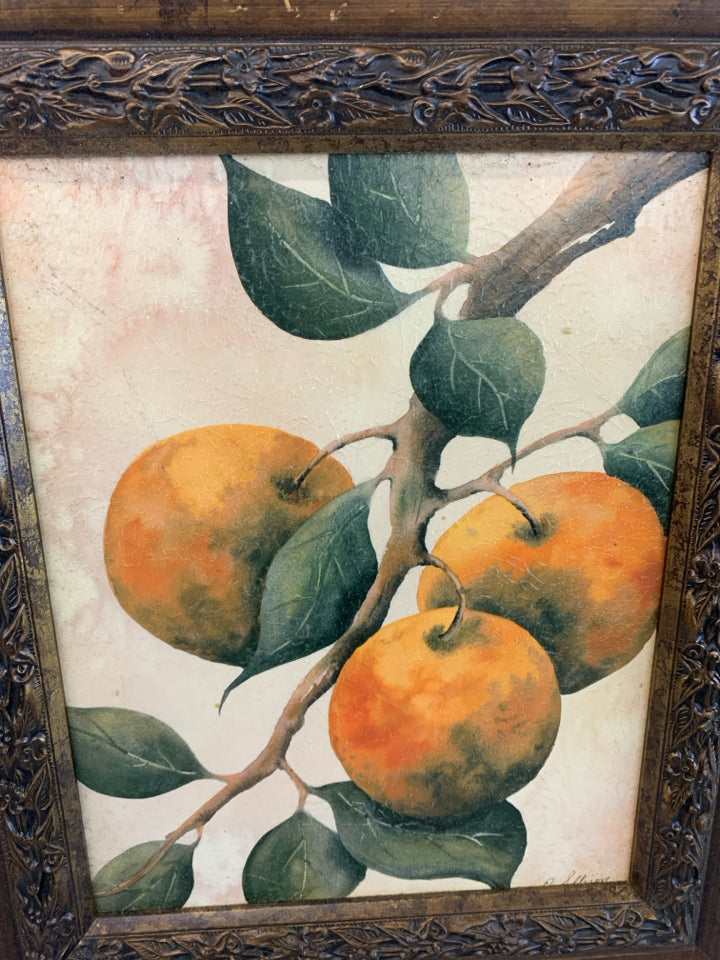 ORANGES PAINTING IN ORNATE BROWN WOOD FRAME.