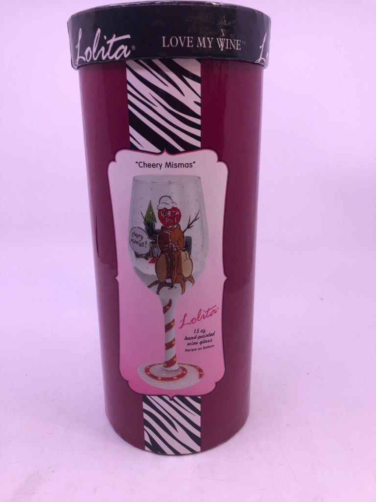 NIP LOLITA "CHEERY MISMAS" HAND PAINTED WINE GLASS.