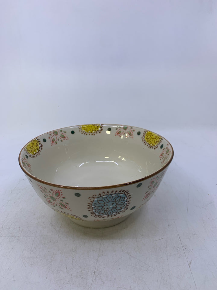 FOOTED BOWL W/ COLORFUL MEDAILIONS.