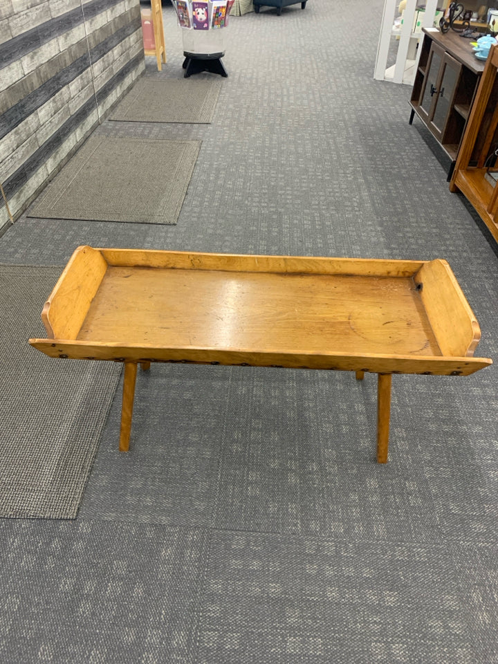 VTG COFFEE TABLE W/METAL HANDLES.