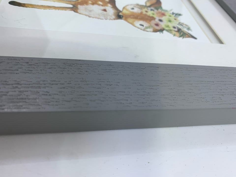 FRAMED FAWN W/HEART & FLORALS ON HEAD.