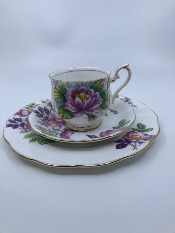 3PC FLOWER OF THE MONTH DOG ROSE PINK FLOWER TEACUP, SAUCER AND PLATE SET.