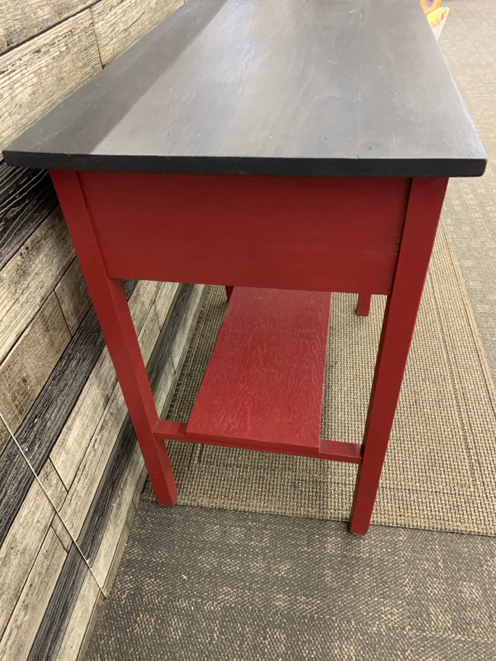 VTG WRITING DESK DRAWER & SHELF W/RED FINISH/BLACK TOP.