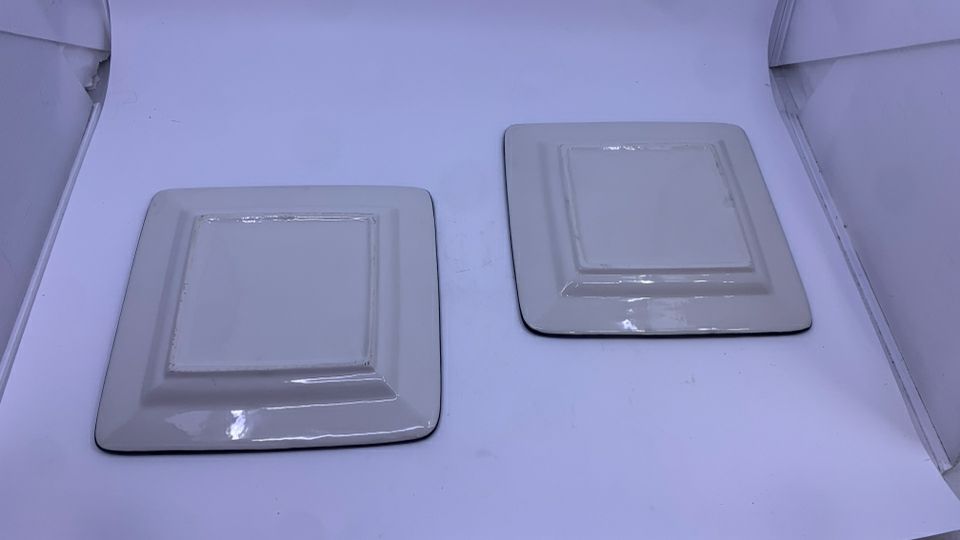 2 BLACK SQUARE LEAF PAINTED PLATES.