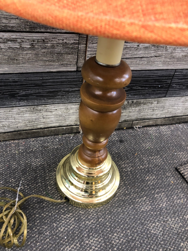 GOLD/WOOD BASE LAMP W/ORANGE SHADE.