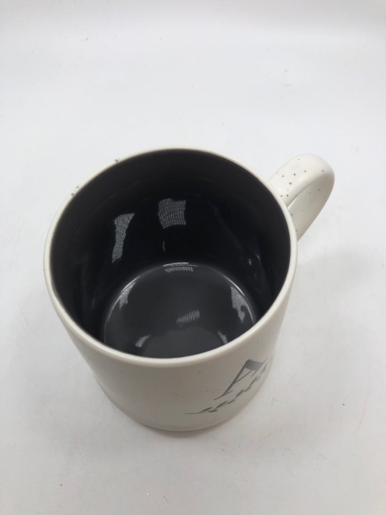 WHITE SPECKLED "A" MUG.