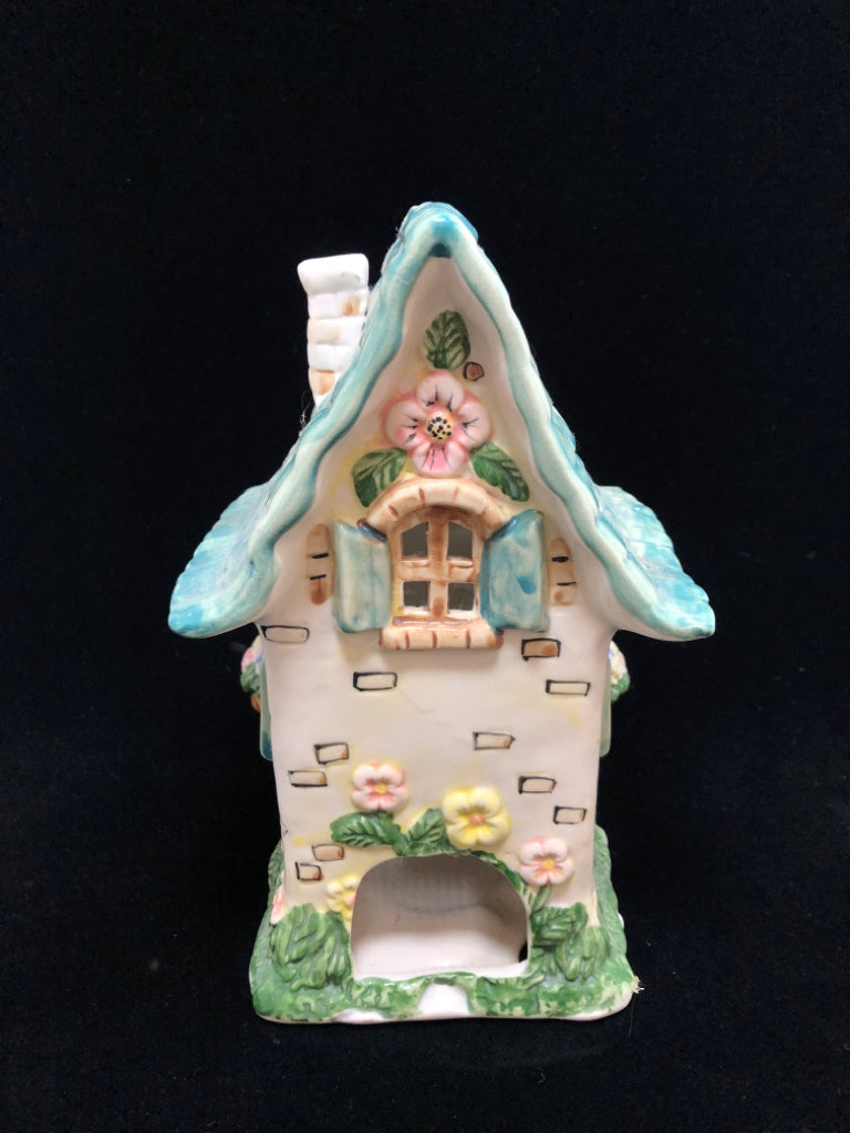 CERAMIC HOUSE TEA LIGHT HOLDER W/HANGING FLORALS.