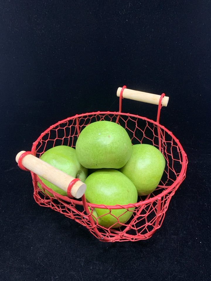 RED WIRE BASKET W/6 FAUX APPLES FILLER.