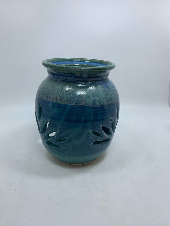 LEAF CUT-OUT BLUE GLAZED CANDLE HOLDER.