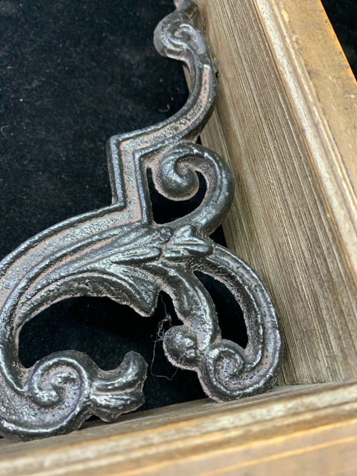 2 DARK WOOD BOOKENDS W/ METAL SCROLL.