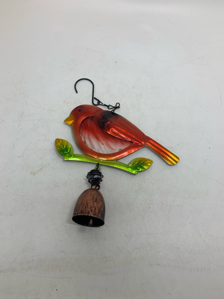 SMALL RED METAL CHICKADEE W/ BELL WALL HANGING.