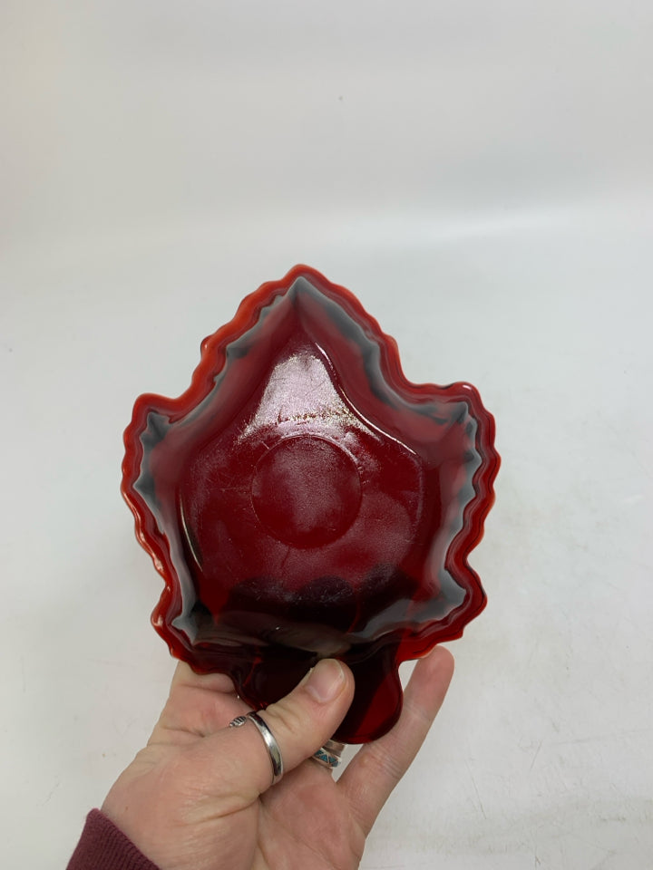 VTG RUBY RED GLASS MAPLE LEAF CATCH ALL BOWL.