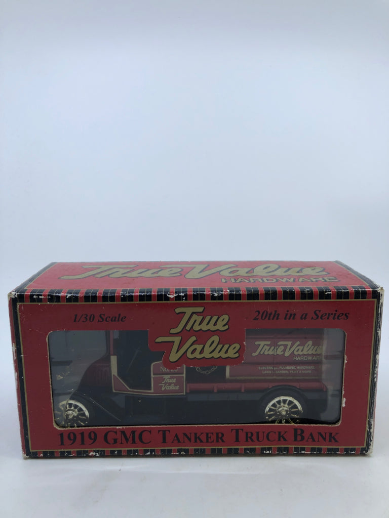 TRUE VALUE 1919 GMC TANKER TRUCK BANK- 1/30 SCALE MODEL.