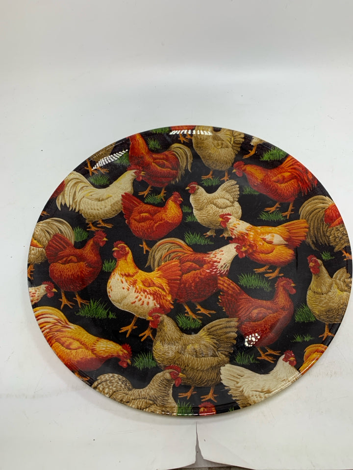 HEAVY GLASS CIRCLE PLATTER W/ ASSORTED COLOR CHICKENS.