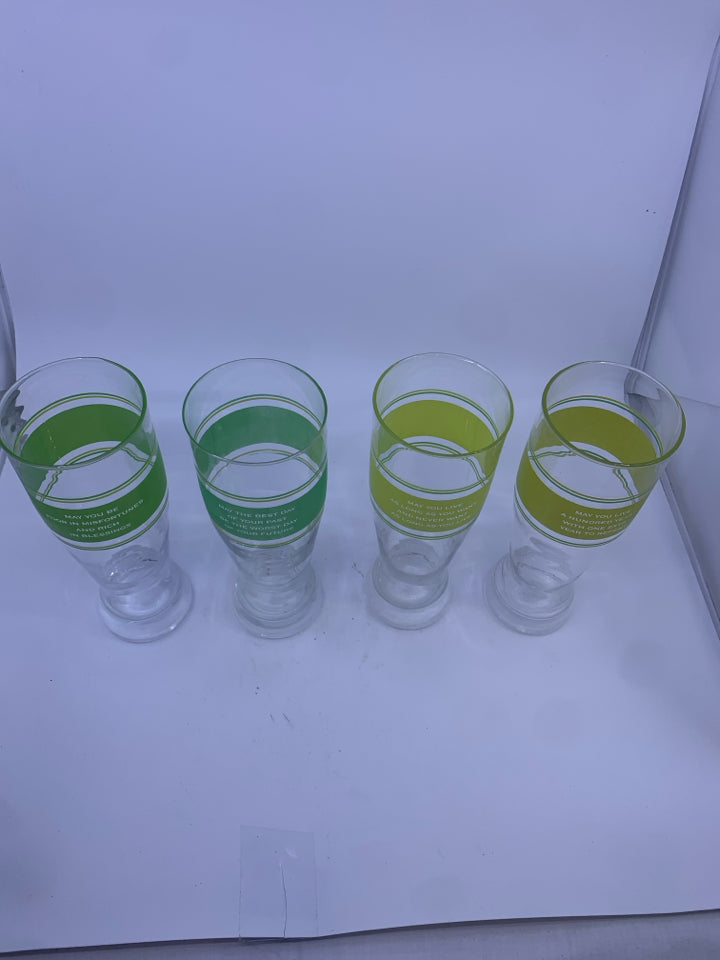 4 GREEN AND YELLOW QUOTED BEER GLASSES.