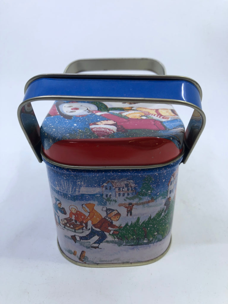 SMALL SNOWMAN TIN W DOUBLE HANDLES.