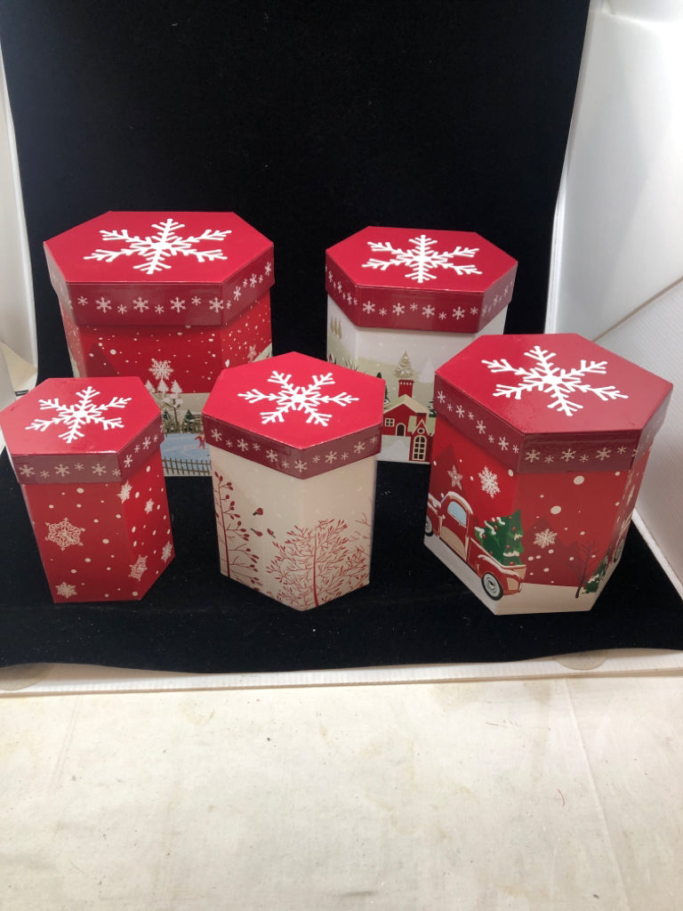 5PC NESTING HOLIDAY GIFT BOX SET W/LIDS.