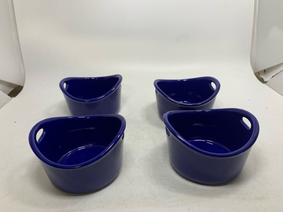 4 COBALT BLUE STONEWARE RAMEKIN W/HANDLES.
