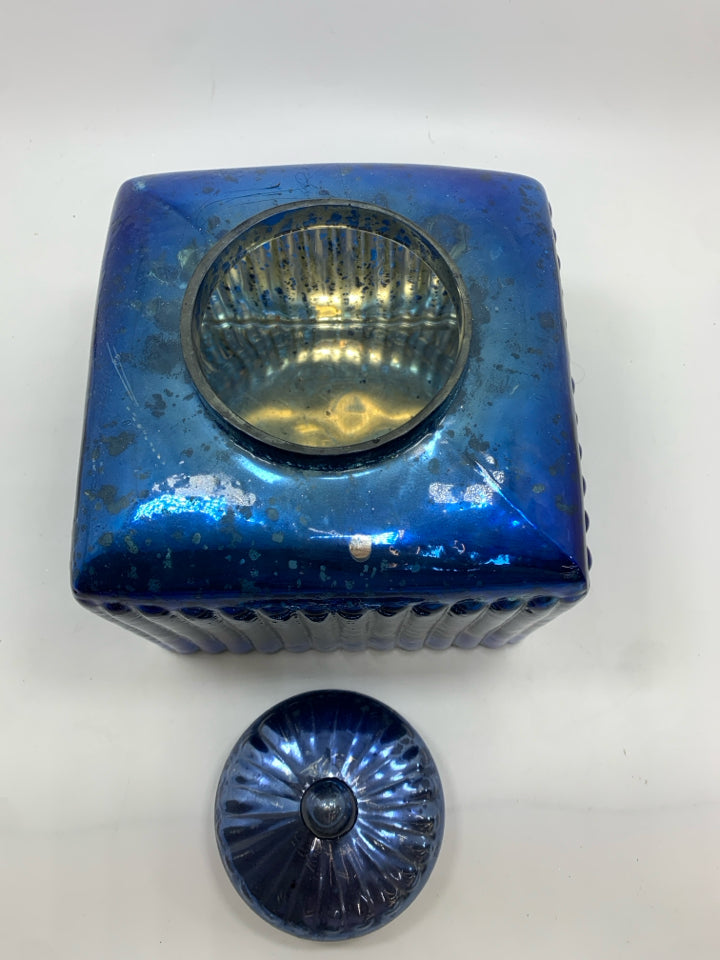 BLUE SQUARE MERCURY GLASS JAR W/LID.