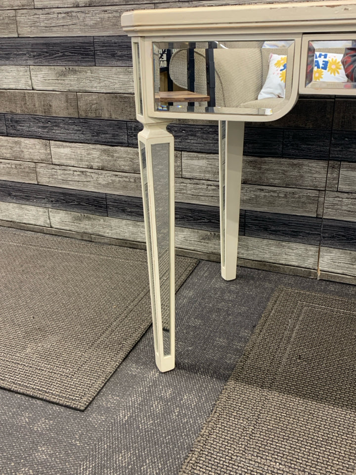 CREAM DISTRESSED PIER 1 DESK W/MIRRORED LEGS & DRAWER.