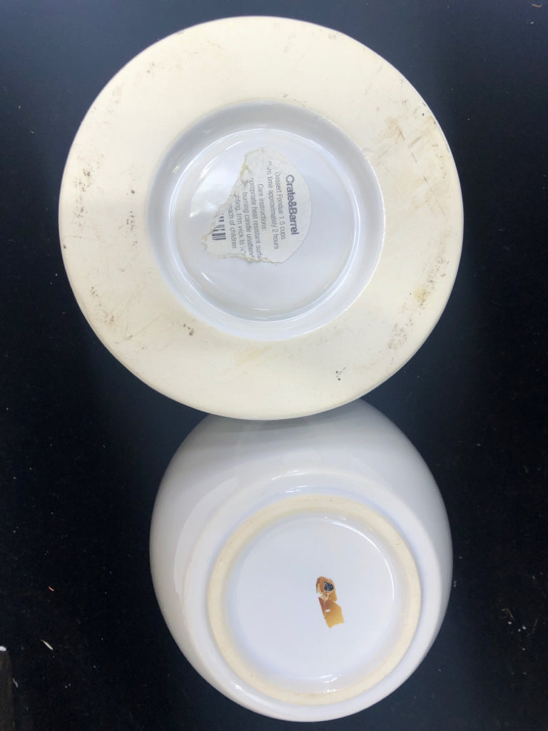 2 PIECE CERAMIC WHITE FONDUE WARMER- CRATE & BARREL