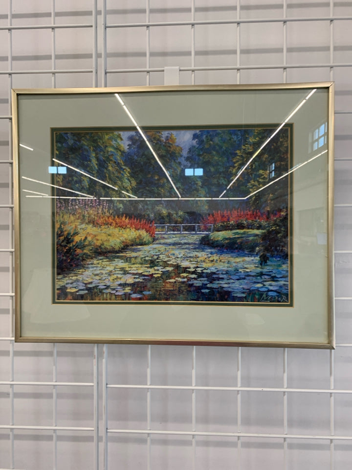 FRAMED FLORAL BRIDGE OVER WATER LANDSCAPE PRINT.