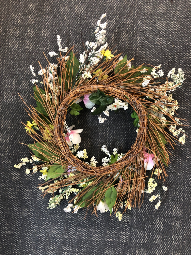 FAUX PINK/YELLOW FLORAL WREATH.