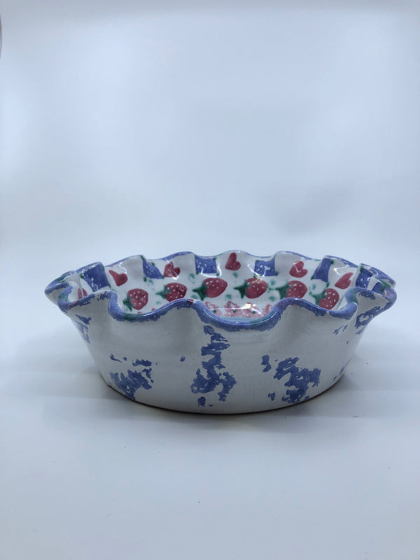 STRAWBERRY AND FLORAL POTTERY BOWL W WAVY EDGES.