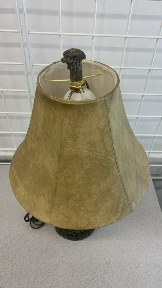 ANTLER LAMP W/FAUX LEATHER SHADE.
