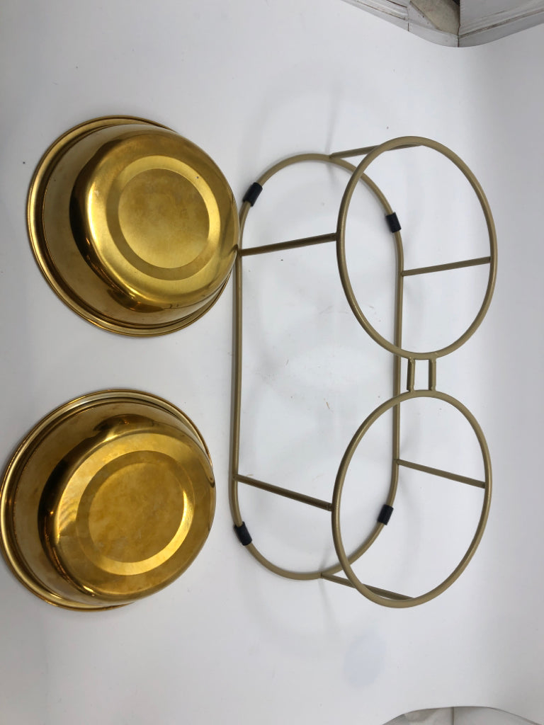 DOUBLE GOLD FOOD/WATER BOWLS IN STAND.