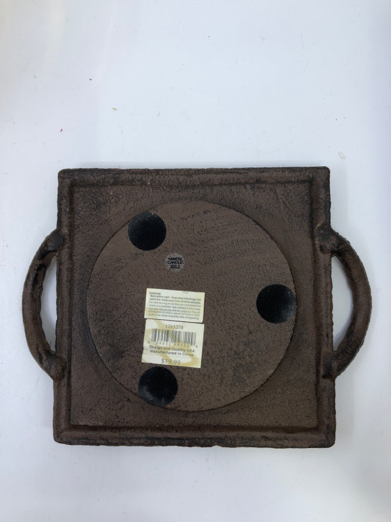 HEAVY CAST IRON CANDLE PLATE W HANDLES.