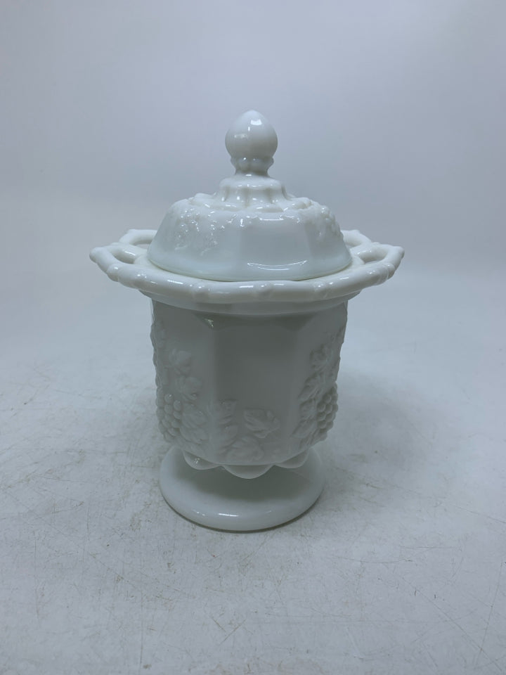 FOOTED EMBOSSED GRAPES MILK GLASS COVERED JAR LACE EDGE.