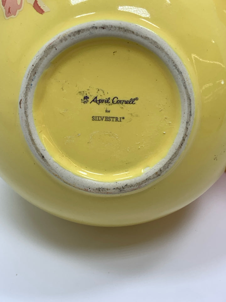 PINK FLOWER PAINTED YELLOW CERAMIC BUD VASE.