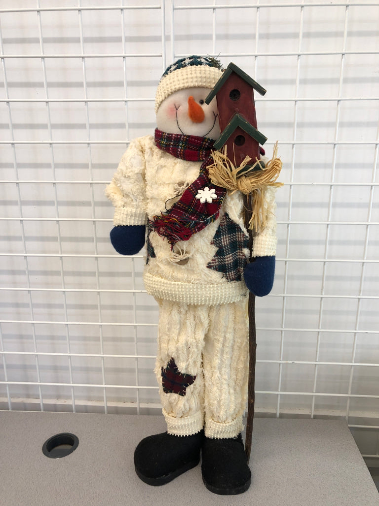 SNOWMAN IN WINTER CLOTHING W/BIRD HOUSE.