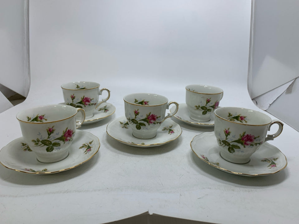 10 PC SVC 5 CMIELOW PINK ROSES TEA CUPS/SAUCERS.