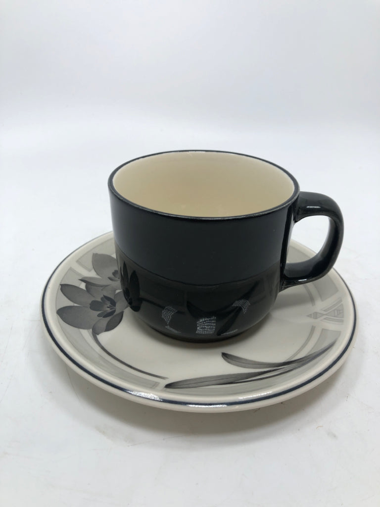MISTY ISLE BLACK FLORAL CUP/SAUCER.