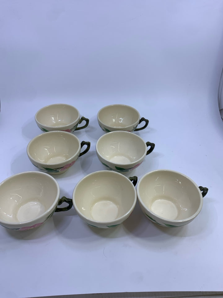 6PC VTG CREAM W/PINK FLOWER TEACUP W/GREEN HANDLE.