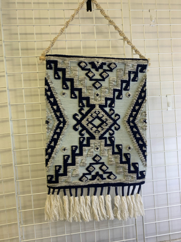 BLUE,TEAL,GREY AZTEC PATTERNED TAPESTRY WALL HANGING.