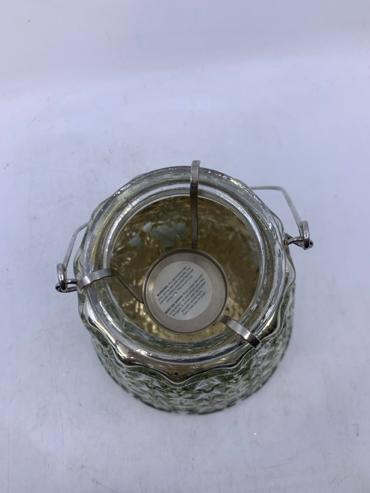 LARGE HEAVY MERCURY TEXTURED GLASS TEAL LIGHT LANTERN.