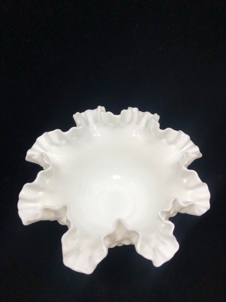 VTG HOBNAIL MILK GLASS RUFFLED EDGE CANDY BOWL.