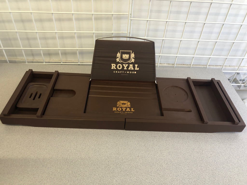 DARK WOOD EXPANDABLE BATH TRAY W REMOVABLE PIECE.