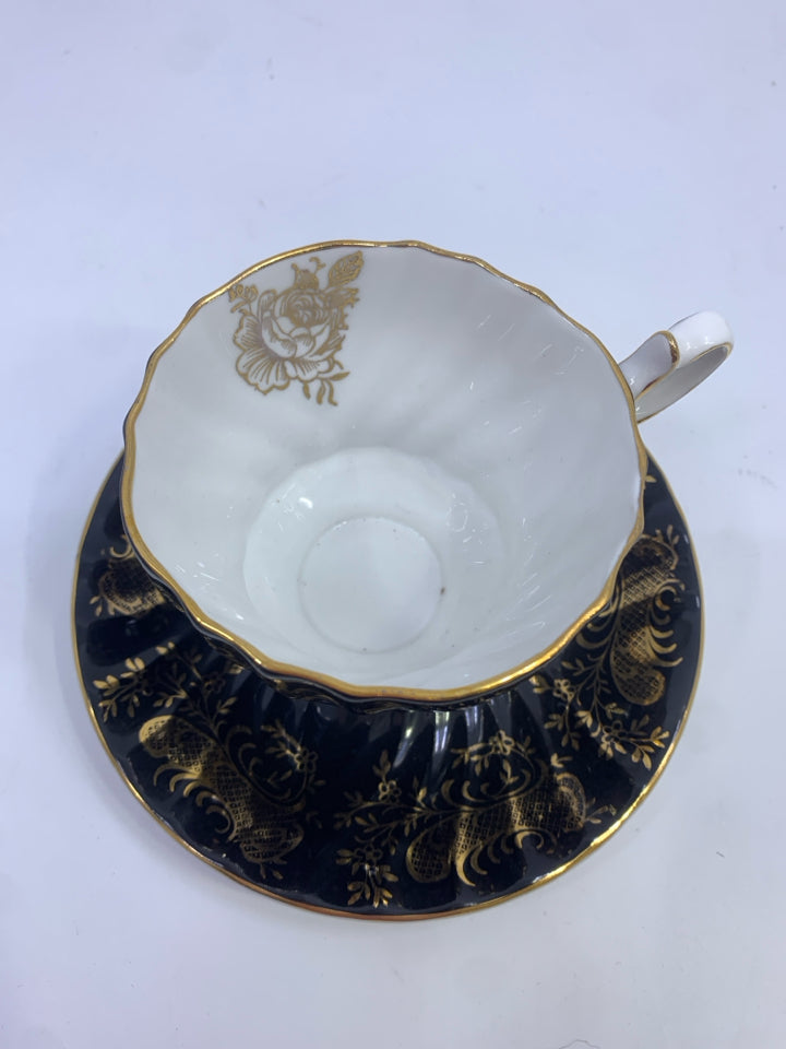 VTG BLACK W/ GOLD DESIGN TEA CUP & SAUCER-QUEEN ANNE.