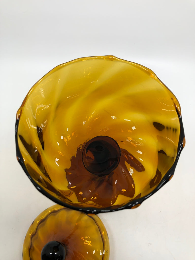 VTG AMBER GLASS RAISED SWIRL CANDY JAR.