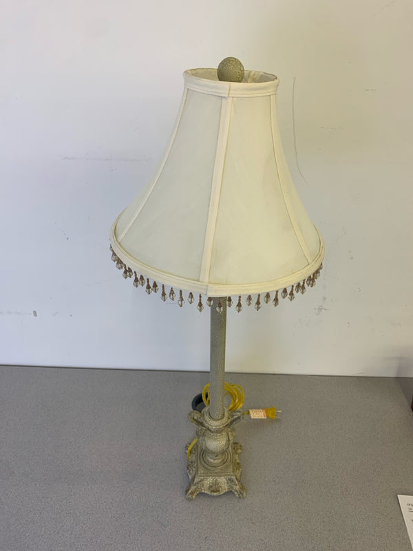 TALL CREAM CRACKLE BASE LAMP WITH WHITE AND BEADED SHADE.