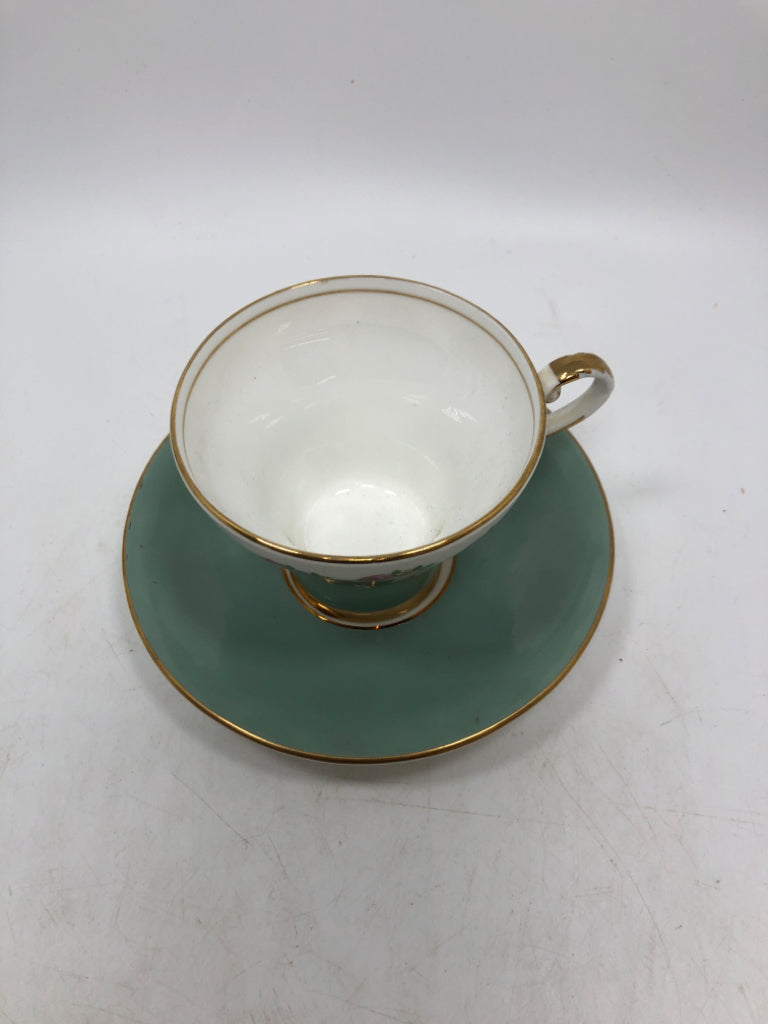 VTG TEAL FLORAL TEACUP/SAUCER.