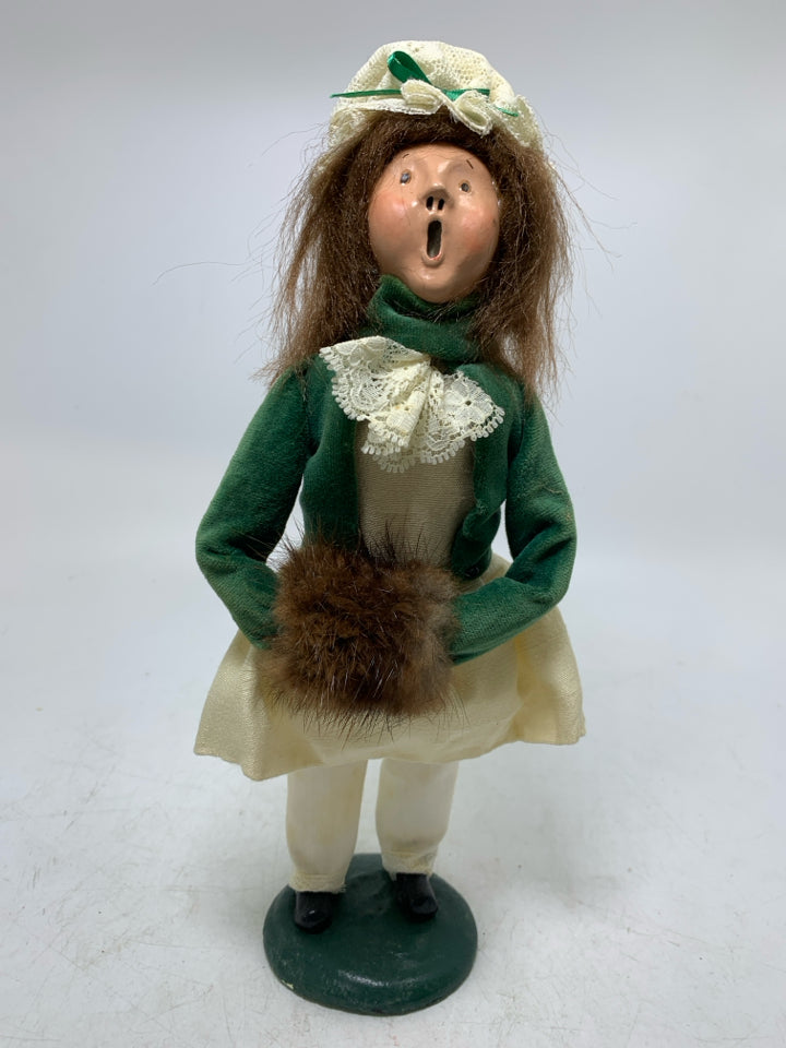 BYER'S CHOICE CAROLER GIRL W/ FUR MUFF GREEN COAT 1985.