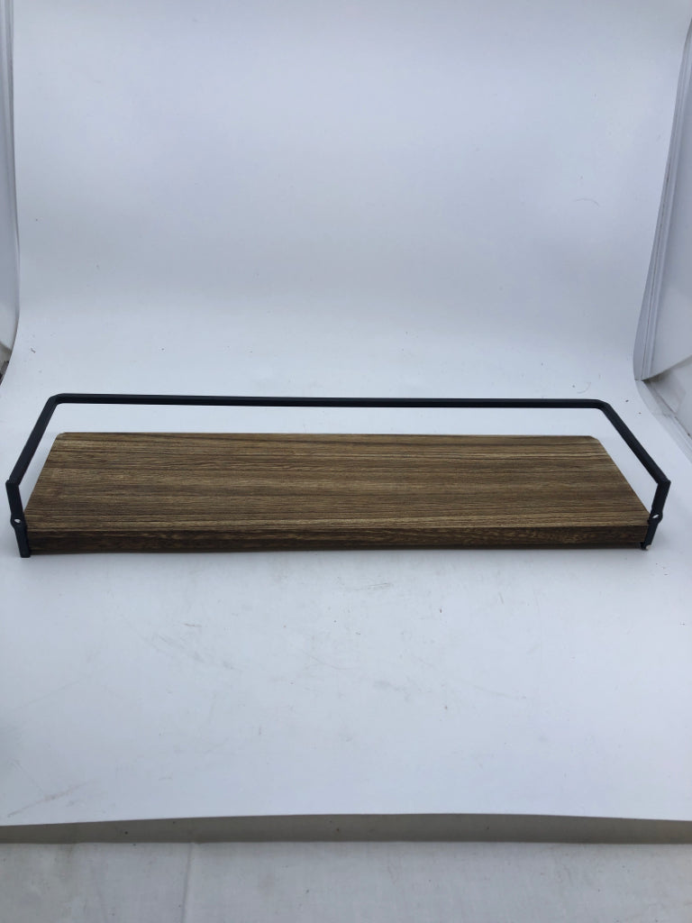 WOOD WALL SHELF W/ BLACK METAL EDGE.