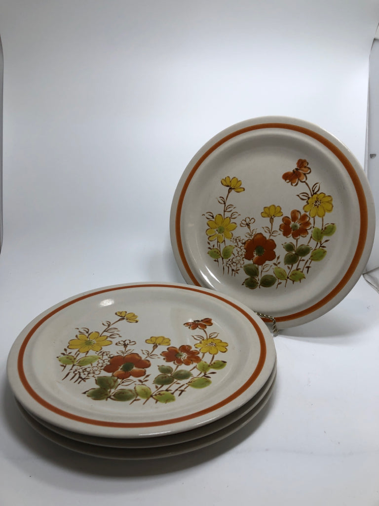 4 VTG FLOWER SONG STONEWARE PLATES.