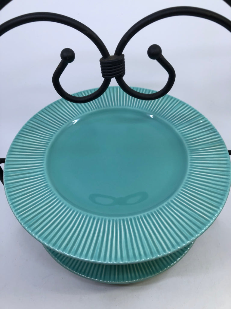 2 TIER BLACK IRON SERVING TRAY 2 TEAL PLATES.
