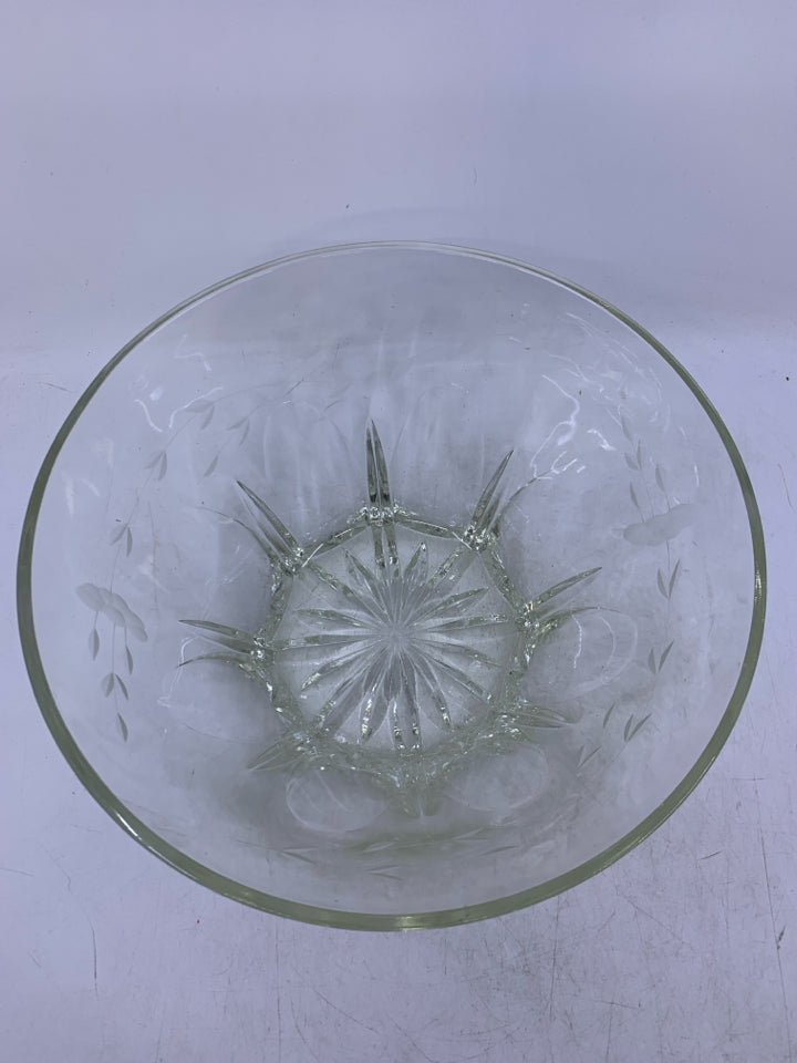 HEAVY LARGE ETCHED GLASS BOWL.
